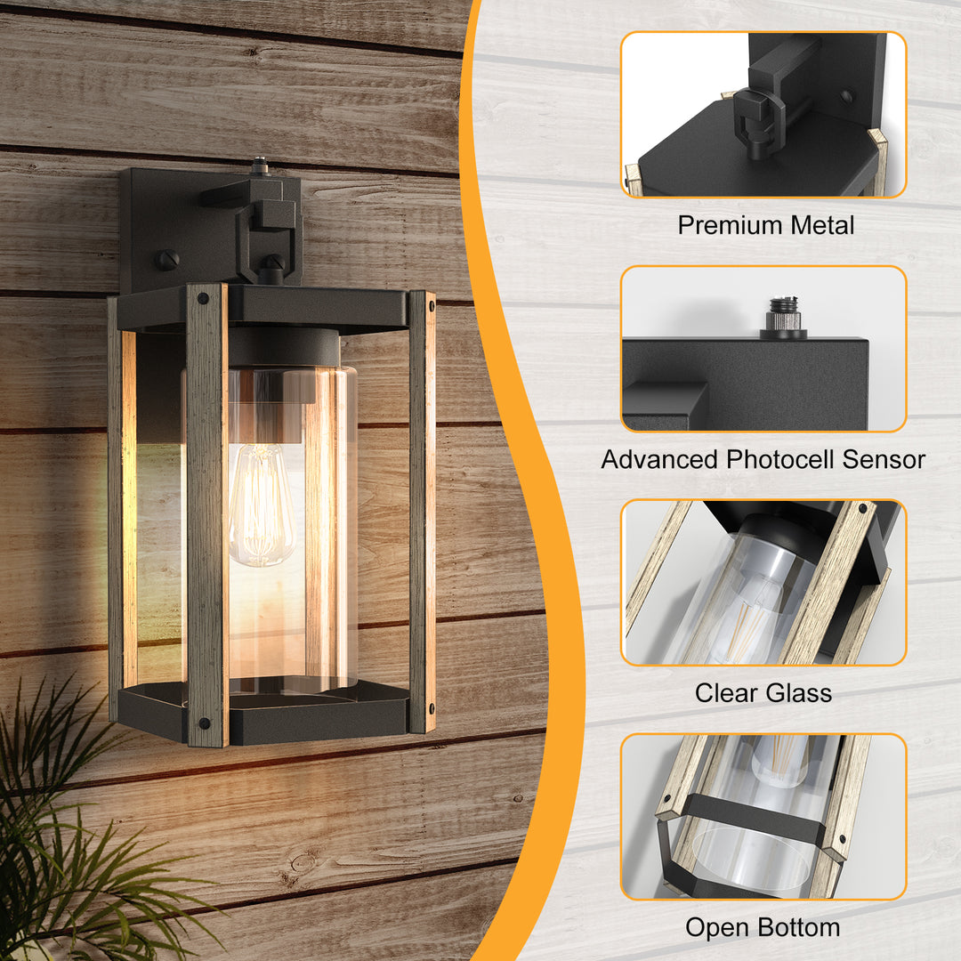 1-light 13''H Black And Wood Grain Iron Etl Outdoor Wall Lantern with Dusk to Dawn #7051