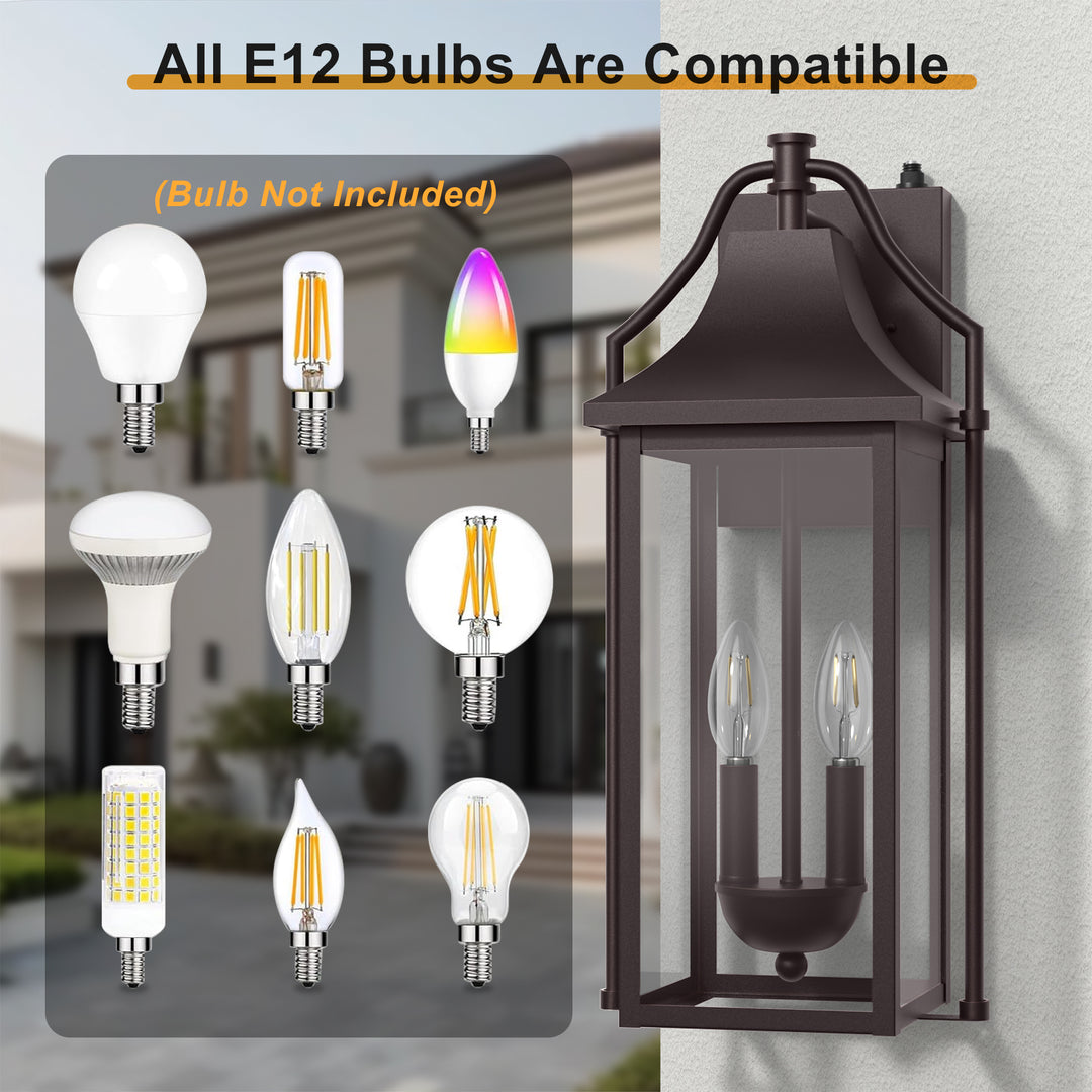 Lawyettle 18" Outdoor Wall Lantern with Dusk to Dawn Sensor, 2-Light Waterproof Brown Wall Sconce with Glass for Porch, Garage, Front Door, Patio #7040