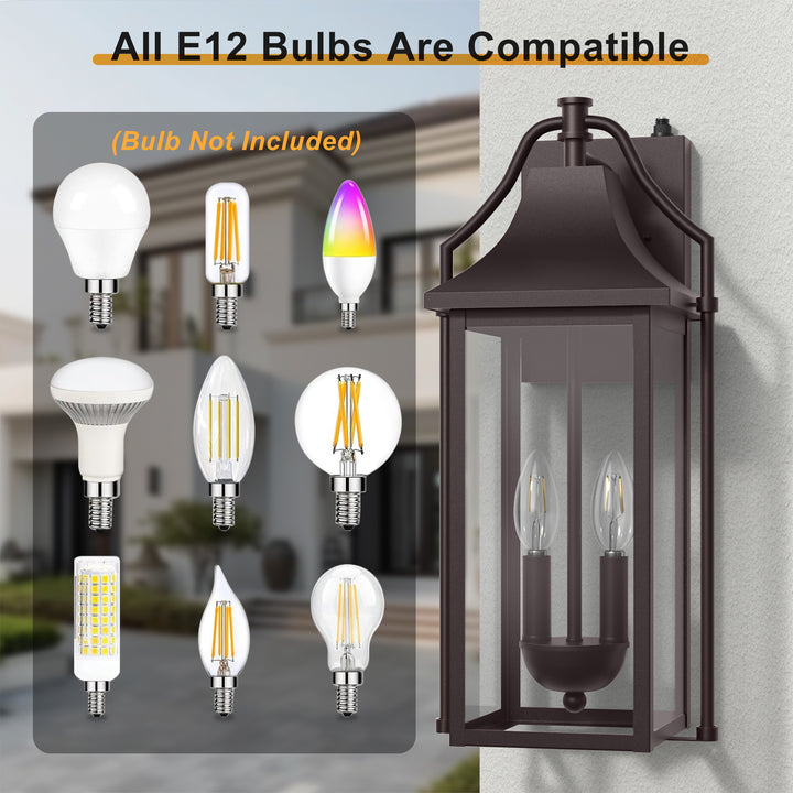 Lawyettle 18" Outdoor Wall Lantern with Dusk to Dawn Sensor, 2-Light Waterproof Brown Wall Sconce with Glass for Porch, Garage, Front Door, Patio #7040