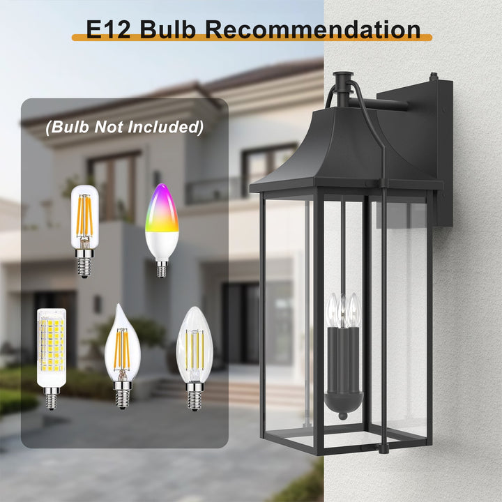 Lawyettle 25" Large Outdoor Wall Lantern, Dusk to Dawn Black 3-Light Sconce with Glass for Front Door, Garage, Porch #7040