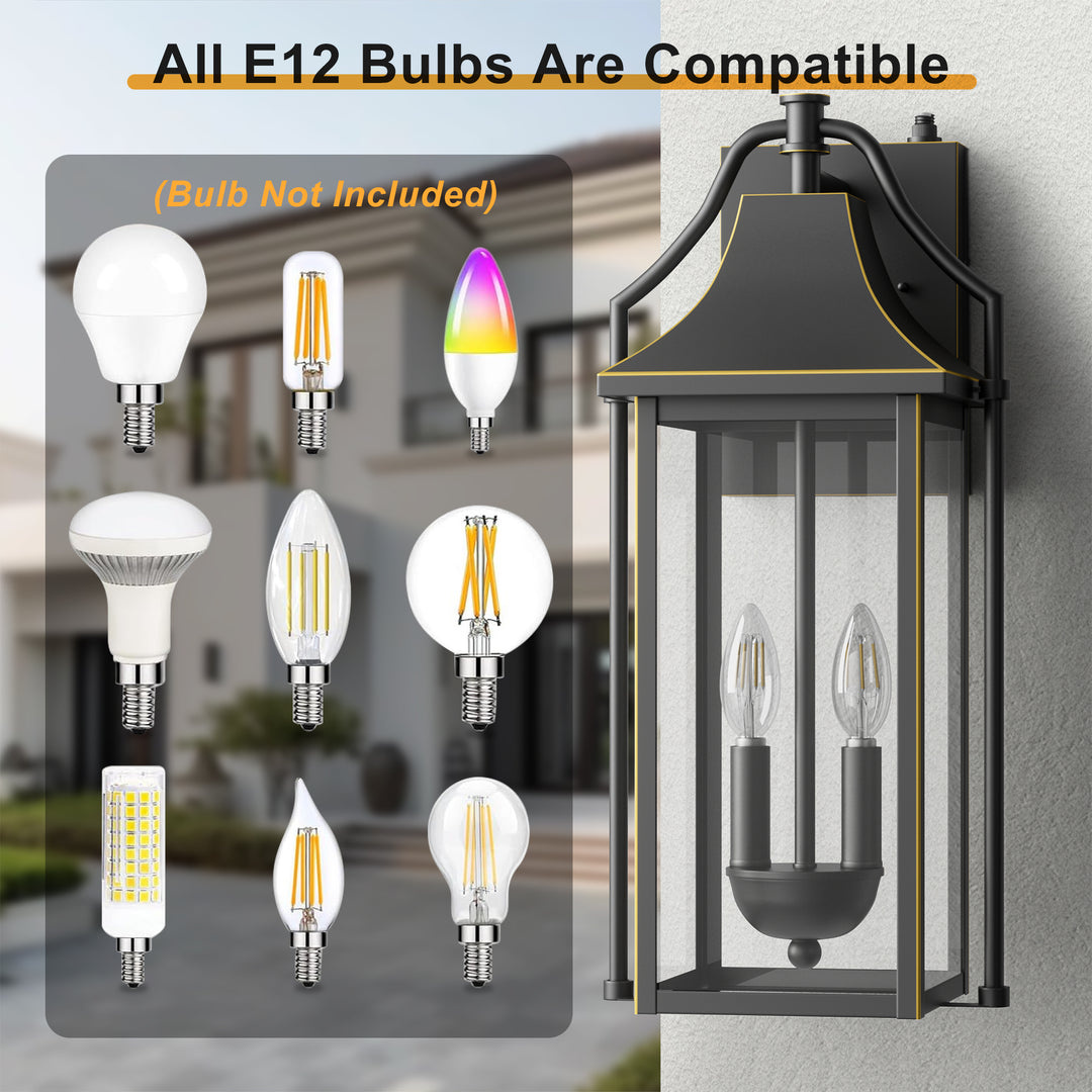 Lawyettle 18" Outdoor Wall Lantern with Dusk to Dawn Sensor, 2-Light Waterproof Brown Wall Sconce with Glass for Porch, Garage, Front Door, Patio #7040