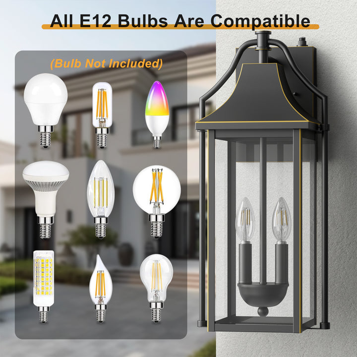 Lawyettle 18" Outdoor Wall Lantern with Dusk to Dawn Sensor, 2-Light Waterproof Brown Wall Sconce with Glass for Porch, Garage, Front Door, Patio #7040