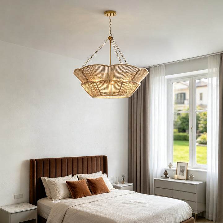 Shine 32" Polished Brass Tiered Drum Chandelier with Hand Woven Rope Shade for Dining Room & Bedroom #48010