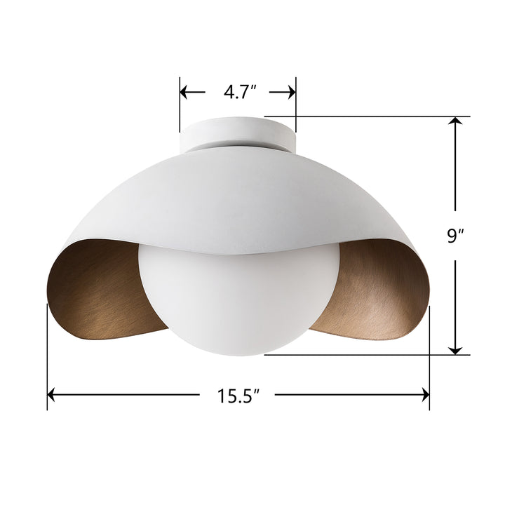Nimbus 15.5" 1-Light Modern Globe Flush Mount Ceiling Light With Opal Glass, Matte Black/White Exterior & Gold Interior Shell-Style Dimmable Shade For Bedroom Or Hallway #29029