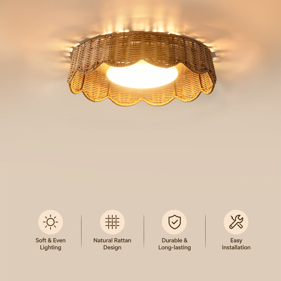 16" Boho Rattan LED Flush Mount Ceiling Light, Dimmable Polished Brass #48011