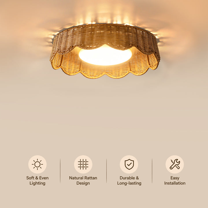 16" Boho Rattan LED Flush Mount Ceiling Light, Dimmable Polished Brass #48011