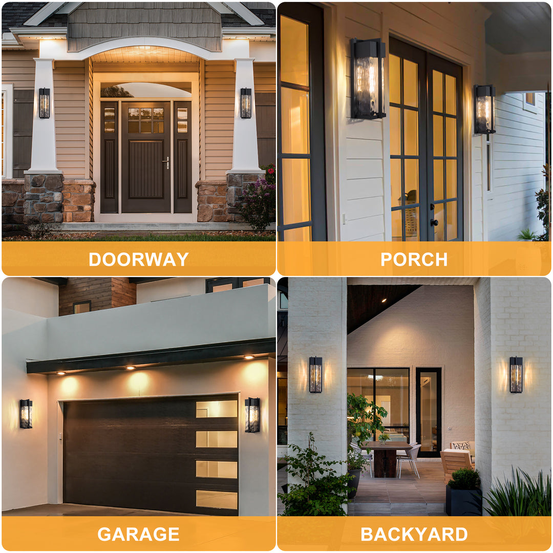 Solstice 1 - Light(Bulb Include) 𝟭𝟴-𝗜𝗡𝗖𝗛 Matte Black Iron and Water Ripple Glass Outdoor Wall Light with Dusk to Dawn #7062