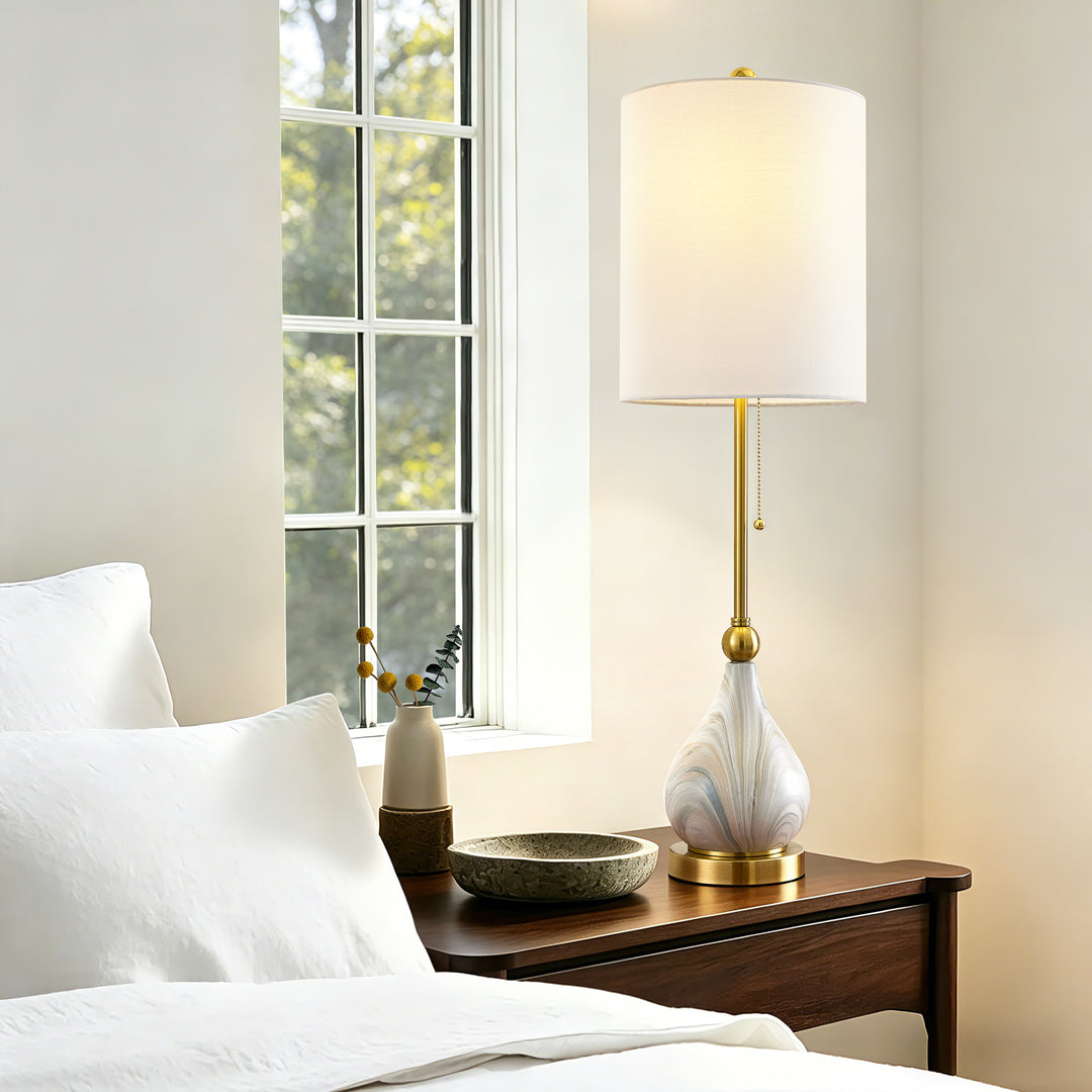 33" Modern Glam Ceramic Table Lamp With Pre-assembled Shade And Pull Chain For Bedroom Living Room #T293
