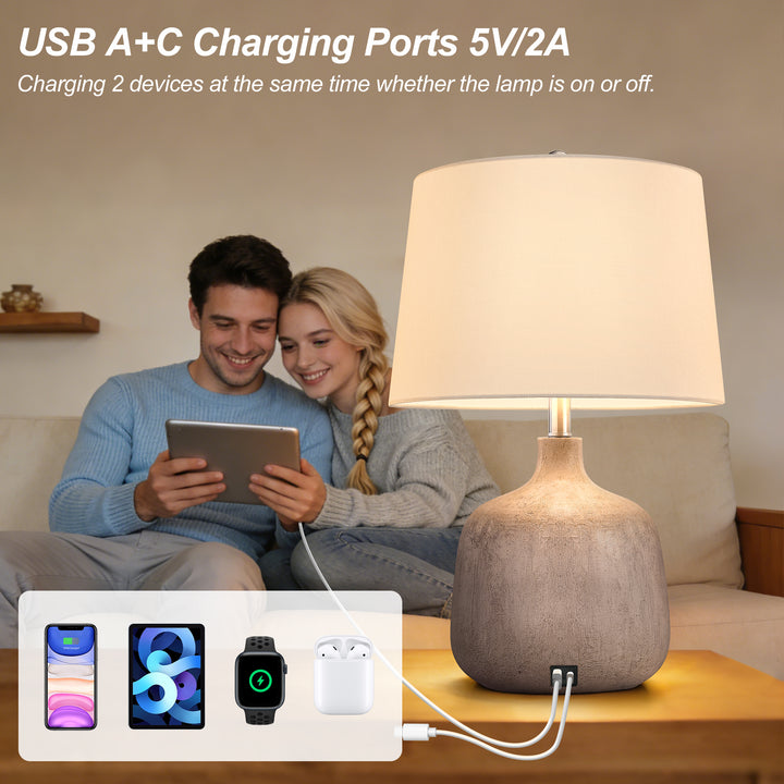 Shimmer 23.5" Farmhouse Resin Table Lamp With Usb And Type C Ports 3 Way Dimmable Rotary Switch Bedside Lamp For Bedroom And Living Room #T275