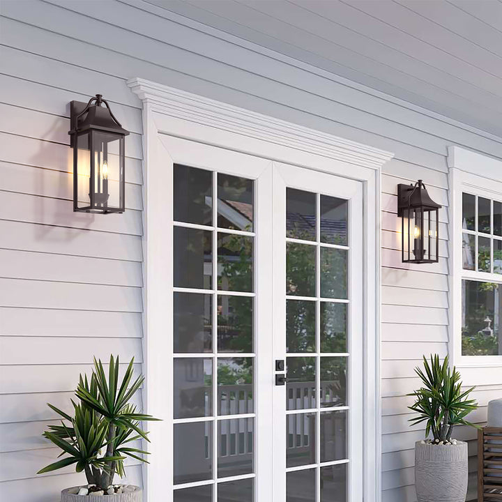 Lawyettle 18" Outdoor Wall Lantern with Dusk to Dawn Sensor, 2-Light Waterproof Brown Wall Sconce with Glass for Porch, Garage, Front Door, Patio #7040