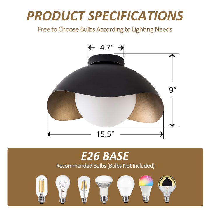 Nimbus 15.5" 1-Light Modern Globe Flush Mount Ceiling Light With Opal Glass, Matte Black/White Exterior & Gold Interior Shell-Style Dimmable Shade For Bedroom Or Hallway #29029
