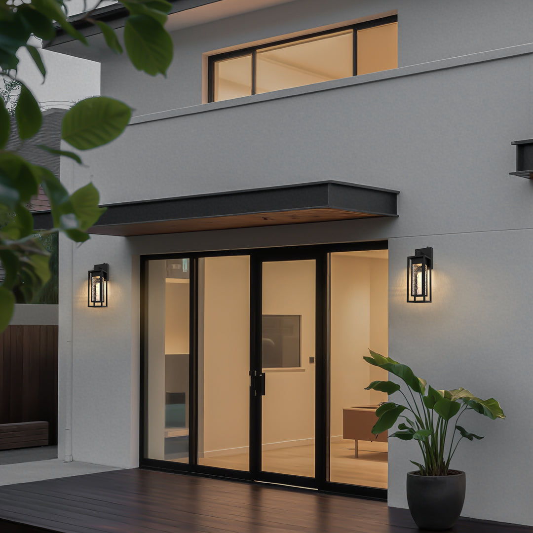 Natura 1 - Light 15''H Dimmable Led Black Iron And Water Ripple Glass Outdoor Wall Light With Dusk To Dawn #7061