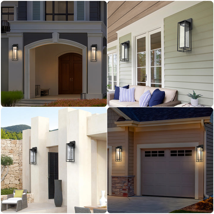 1 - Light 15''H Dimmable Led Black Iron And Water Ripple Glass Outdoor Wall Light With Dusk To Dawn #7061