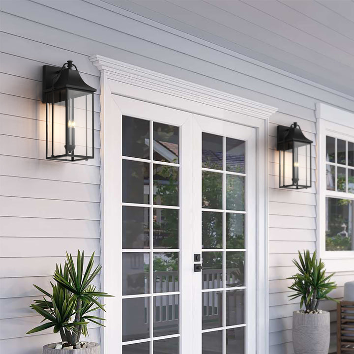 Lawyettle 25" Large Outdoor Wall Lantern, Dusk to Dawn Black 3-Light Sconce with Glass for Front Door, Garage, Porch #7040