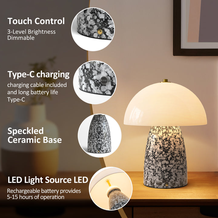 Pulsar 11" Modern Rechargeable Touch Control Desk Lamp, Portable Wireless Ceramic Led Lamp With Milky White Glass Shade, Three-Level Dimming, Suitable For Bedrooms, Living Rooms, Terraces And Outdoors #T281