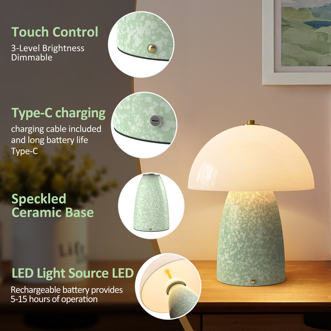 Pulsar 11" Modern Rechargeable Touch Control Desk Lamp, Portable Wireless Ceramic Led Lamp With Milky White Glass Shade, Three-Level Dimming, Suitable For Bedrooms, Living Rooms, Terraces And Outdoors #T281