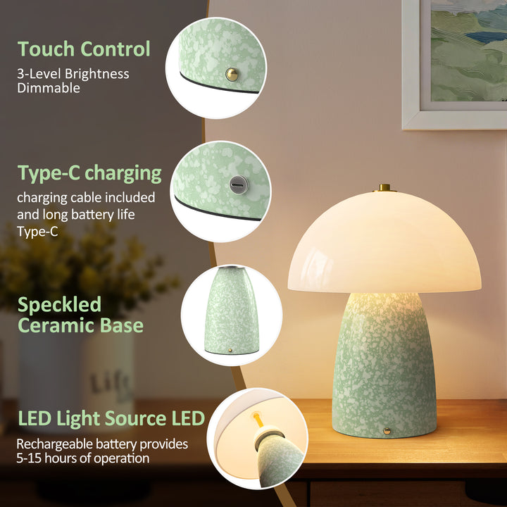 Pulsar 11" Modern Rechargeable Touch Control Desk Lamp, Portable Wireless Ceramic Led Lamp With Milky White Glass Shade, Three-Level Dimming, Suitable For Bedrooms, Living Rooms, Terraces And Outdoors #T281