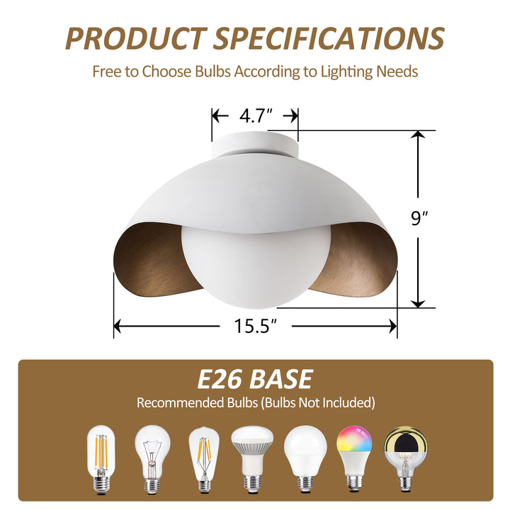 Nimbus 15.5" 1-Light Modern Globe Flush Mount Ceiling Light With Opal Glass, Matte Black/White Exterior & Gold Interior Shell-Style Dimmable Shade For Bedroom Or Hallway #29029
