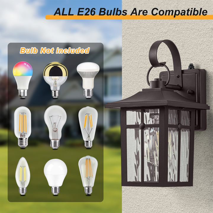 Maxax 2 Pack Dusk to Dawn Outdoor Wall Lights, Exterior Light Fixtures Wall Mount with Ripple Glass, Waterproof Black Porch Lights, Outside Wall Lantern for Entryway, Garage, Patio #MX7003