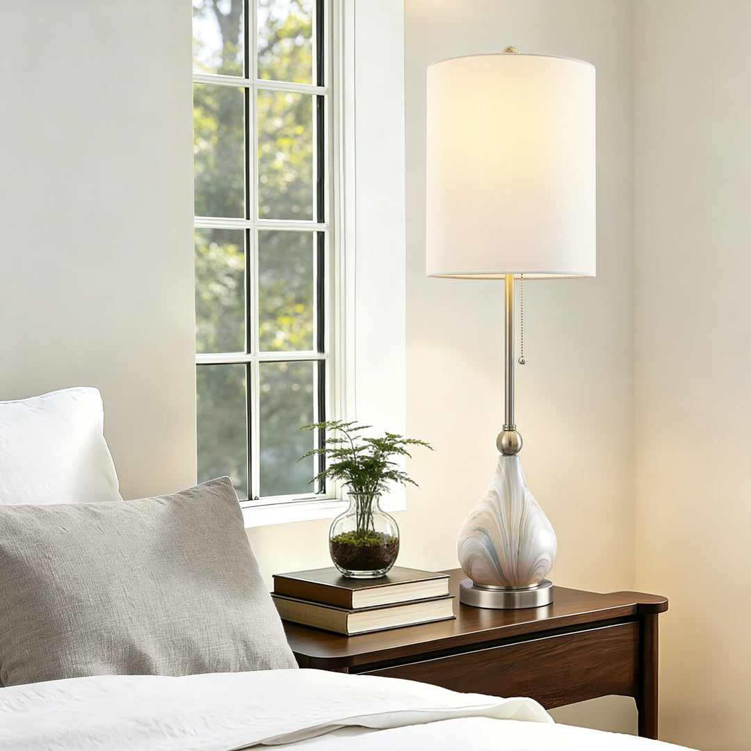33" Modern Glam Ceramic Table Lamp With Pre-assembled Shade And Pull Chain For Bedroom Living Room #T293