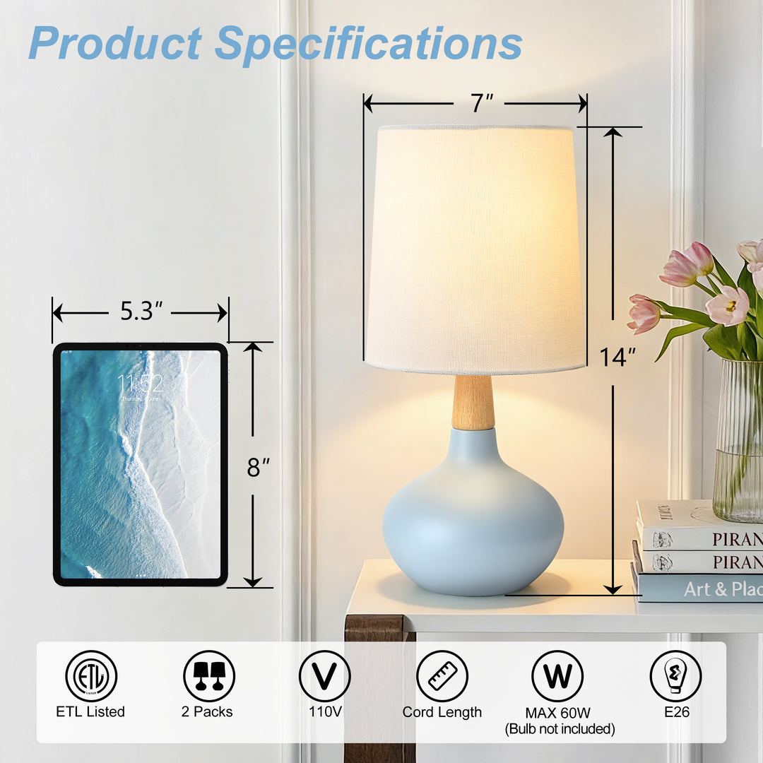 Maxax 14" Ceramic Table Lamps Set of 2, Small Beside Lamps, Modern White Bedside Nightstand Lamps for Living Room Bedroom #T185