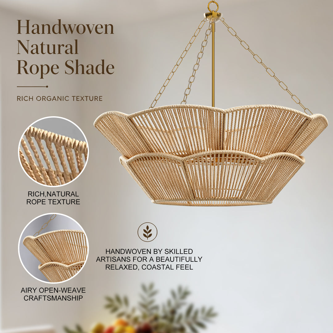 Shine 32" Polished Brass Tiered Drum Chandelier with Hand Woven Rope Shade for Dining Room & Bedroom #48010