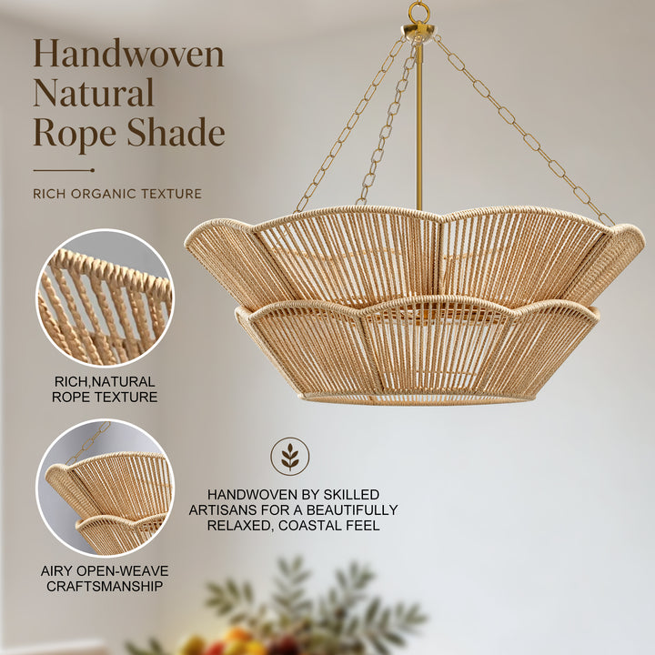 Shine 32" Polished Brass Tiered Drum Chandelier with Hand Woven Rope Shade for Dining Room & Bedroom #48010