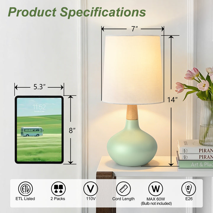 Maxax 14" Ceramic Table Lamps Set of 2, Small Beside Lamps, Modern White Bedside Nightstand Lamps for Living Room Bedroom #T185