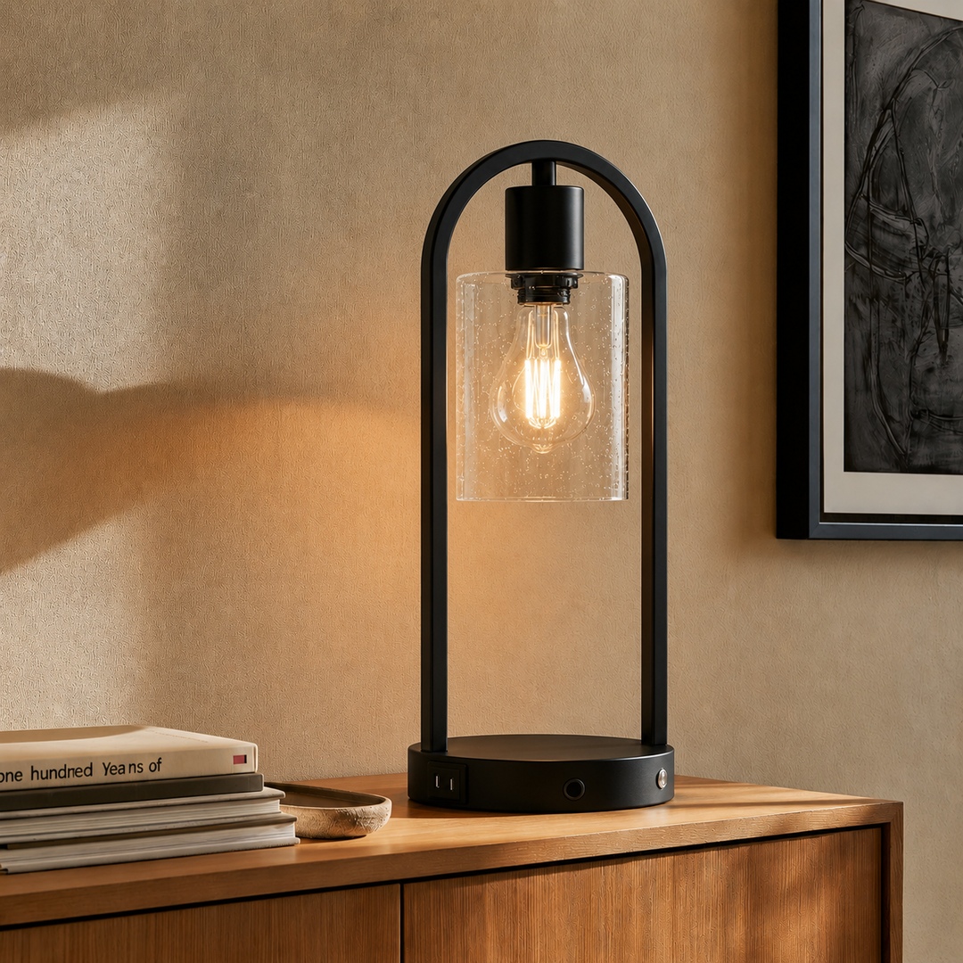 Bask 16" Small Black Metal & Glass Table Lamp (touch Control) - Mcm Modern Funky Accent Table Lamps For Bedroom Nightstand/desk, Living Room & Nursery #T277