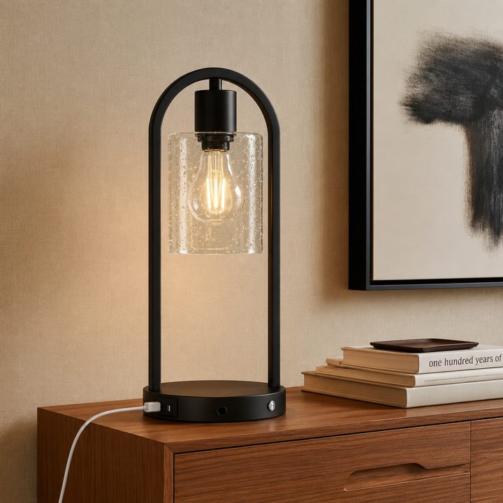 Bask 16" Small Black Metal & Glass Table Lamp (touch Control) - Mcm Modern Funky Accent Table Lamps For Bedroom Nightstand/desk, Living Room & Nursery #T277