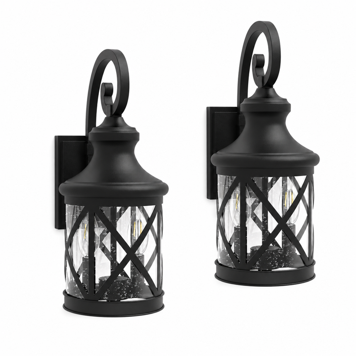 2 - Light 17''H Black Iron and Aluminum Seeded Glass Etl Outdoor Wall Lantern with Dusk to Dawn #7017