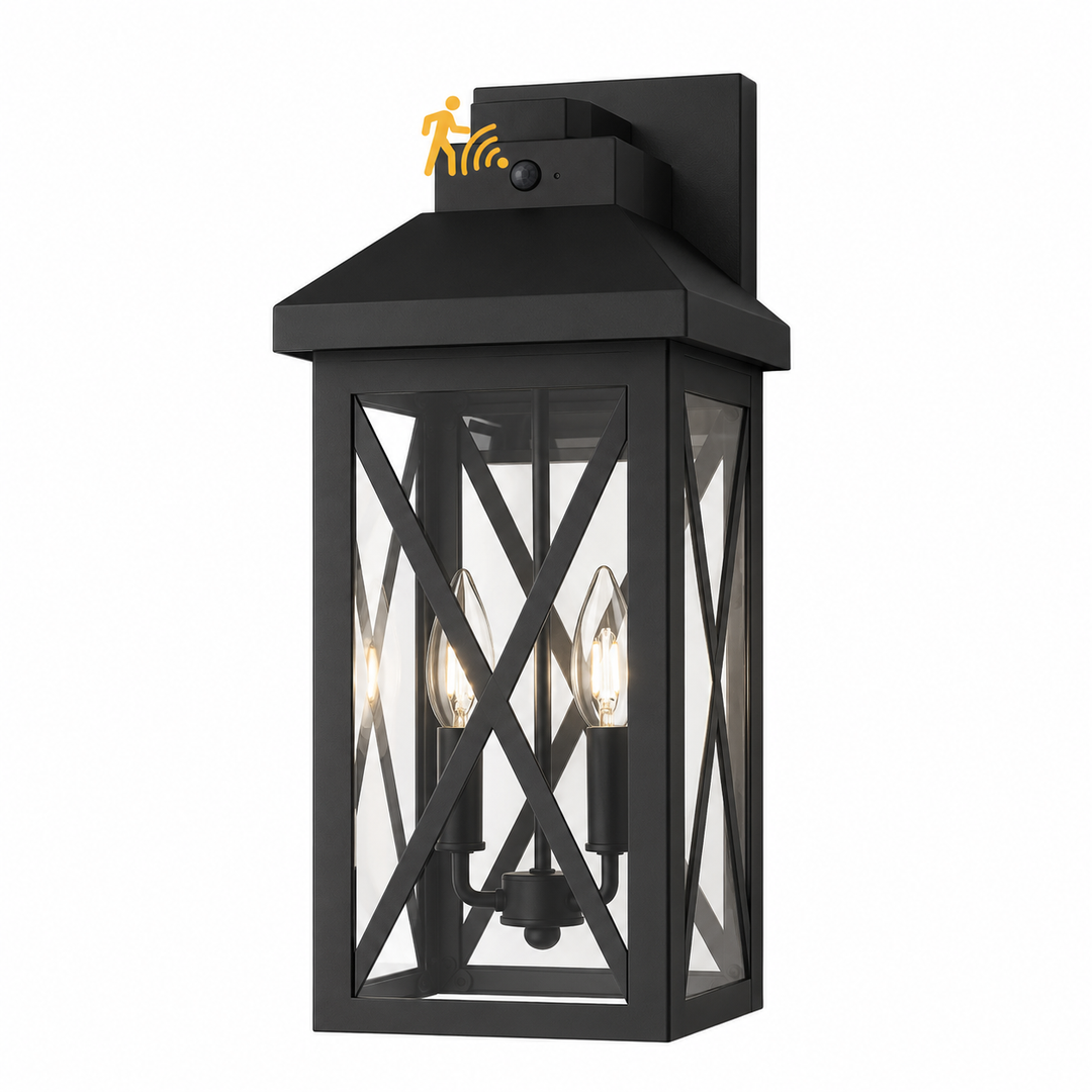 Black Iron Outdoor Wall Light Tempered Glass with Motion Sensor and Dusk to Dawn #OW7133