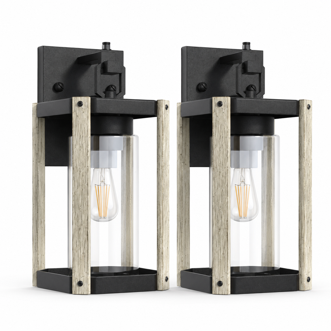 1-light 13''H Black And Wood Grain Iron Etl Outdoor Wall Lantern with Dusk to Dawn #7051
