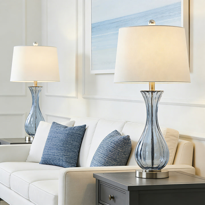 Maxax Coastal Glass Table Lamps Set of 2，Modern 25.5" Clear Glass Bedside Lamps with White Shade for Bedroom Living Room #T78