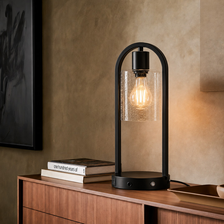 Bask 16" Small Black Metal & Glass Table Lamp (touch Control) - Mcm Modern Funky Accent Table Lamps For Bedroom Nightstand/desk, Living Room & Nursery #T277
