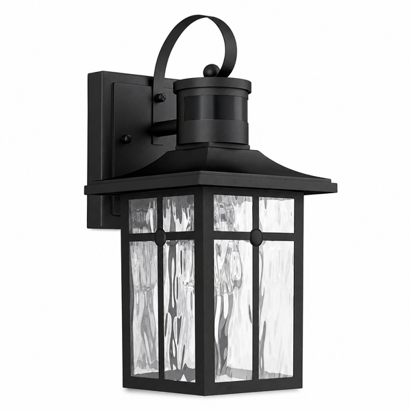 Solstice 13''H Aluminum Black ETL Water Ripple Glass Outdoor Wall Light with Dusk to Dawn and Motion Sensor #OW7123