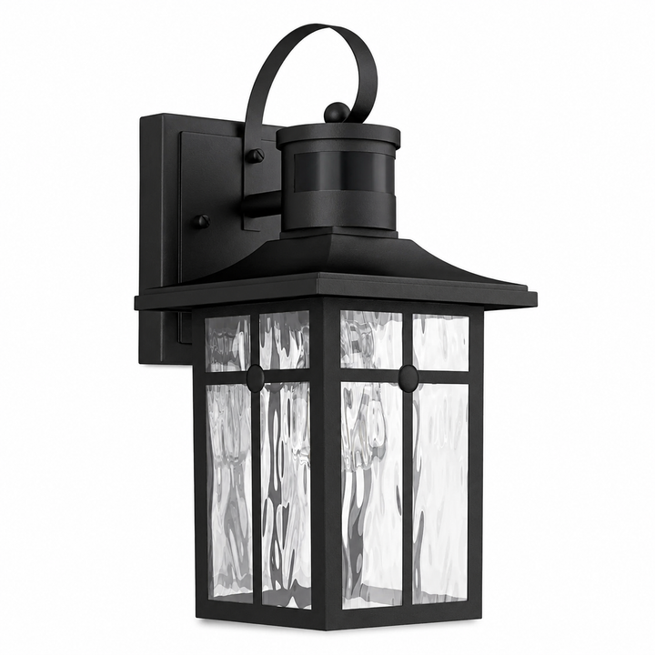 Solstice 13''H Aluminum Black ETL Water Ripple Glass Outdoor Wall Light with Dusk to Dawn and Motion Sensor #OW7123