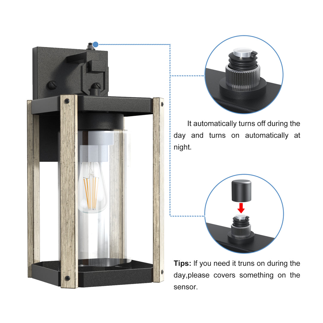 1-light 13''H Black And Wood Grain Iron Etl Outdoor Wall Lantern with Dusk to Dawn #7051