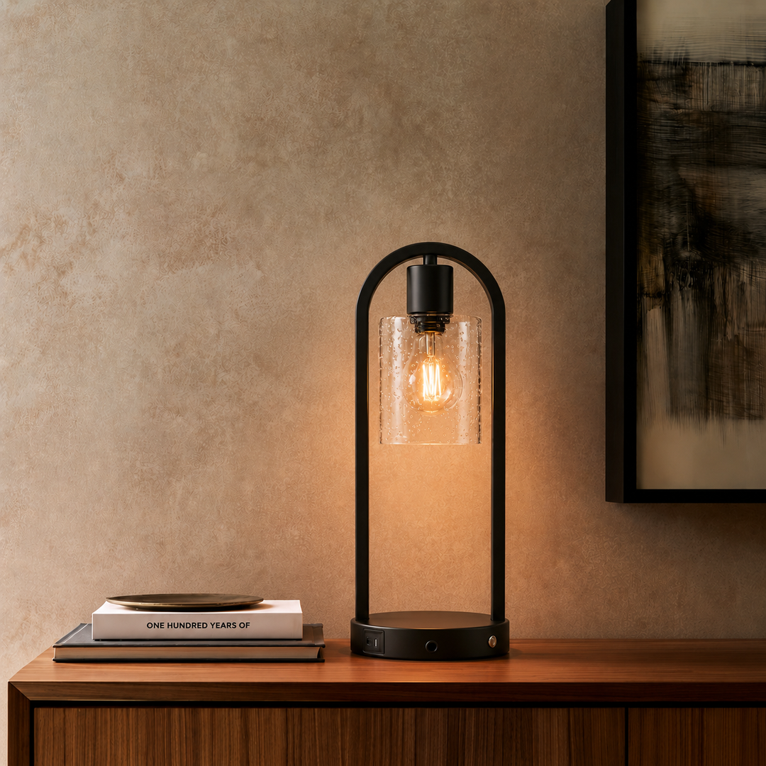 Bask 16" Small Black Metal & Glass Table Lamp (touch Control) - Mcm Modern Funky Accent Table Lamps For Bedroom Nightstand/desk, Living Room & Nursery #T277