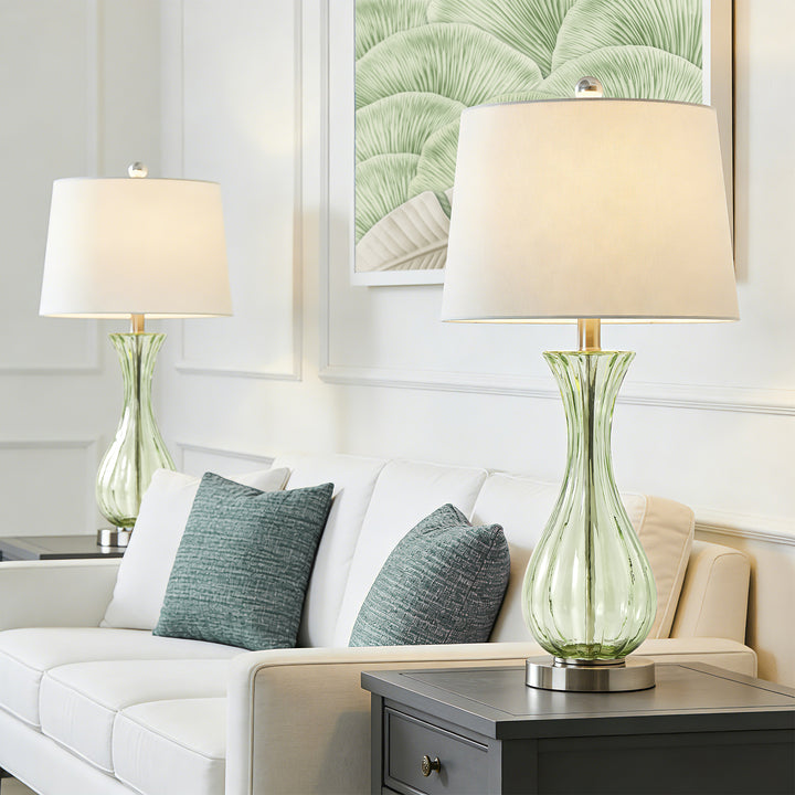 Maxax Coastal Glass Table Lamps Set of 2，Modern 25.5" Clear Glass Bedside Lamps with White Shade for Bedroom Living Room #T78