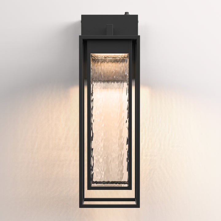 1 - Light 15''H Dimmable Led Black Iron And Water Ripple Glass Outdoor Wall Light With Dusk To Dawn #7061