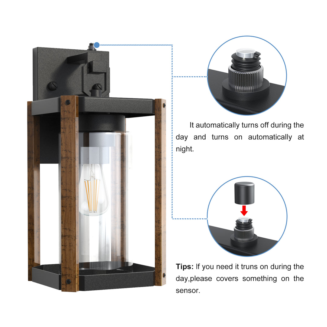 1-light 13''H Black And Wood Grain Iron Etl Outdoor Wall Lantern with Dusk to Dawn #7051