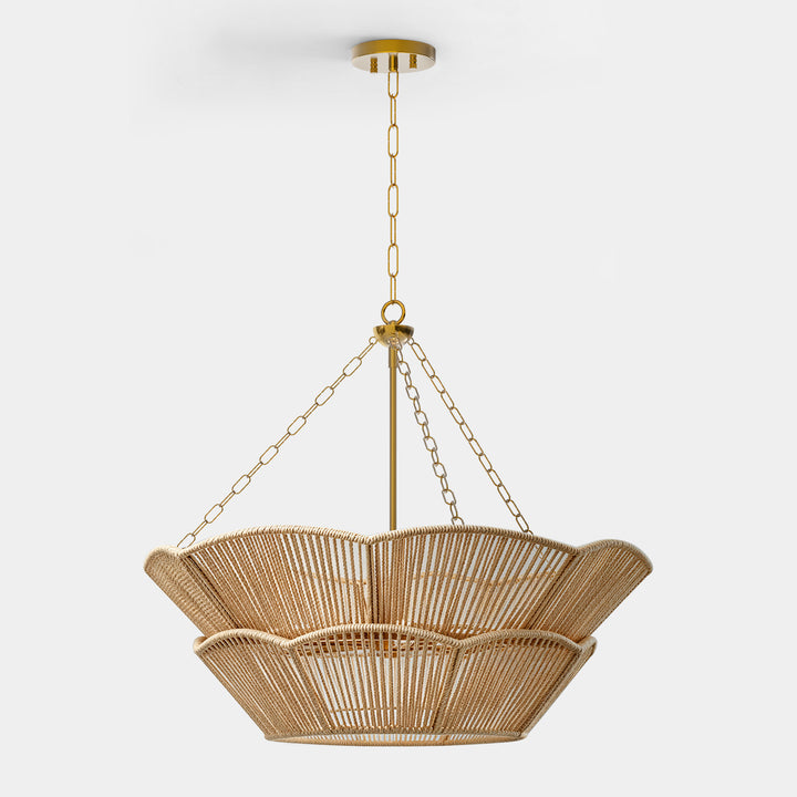 Shine 32" Polished Brass Tiered Drum Chandelier with Hand Woven Rope Shade for Dining Room & Bedroom #48010