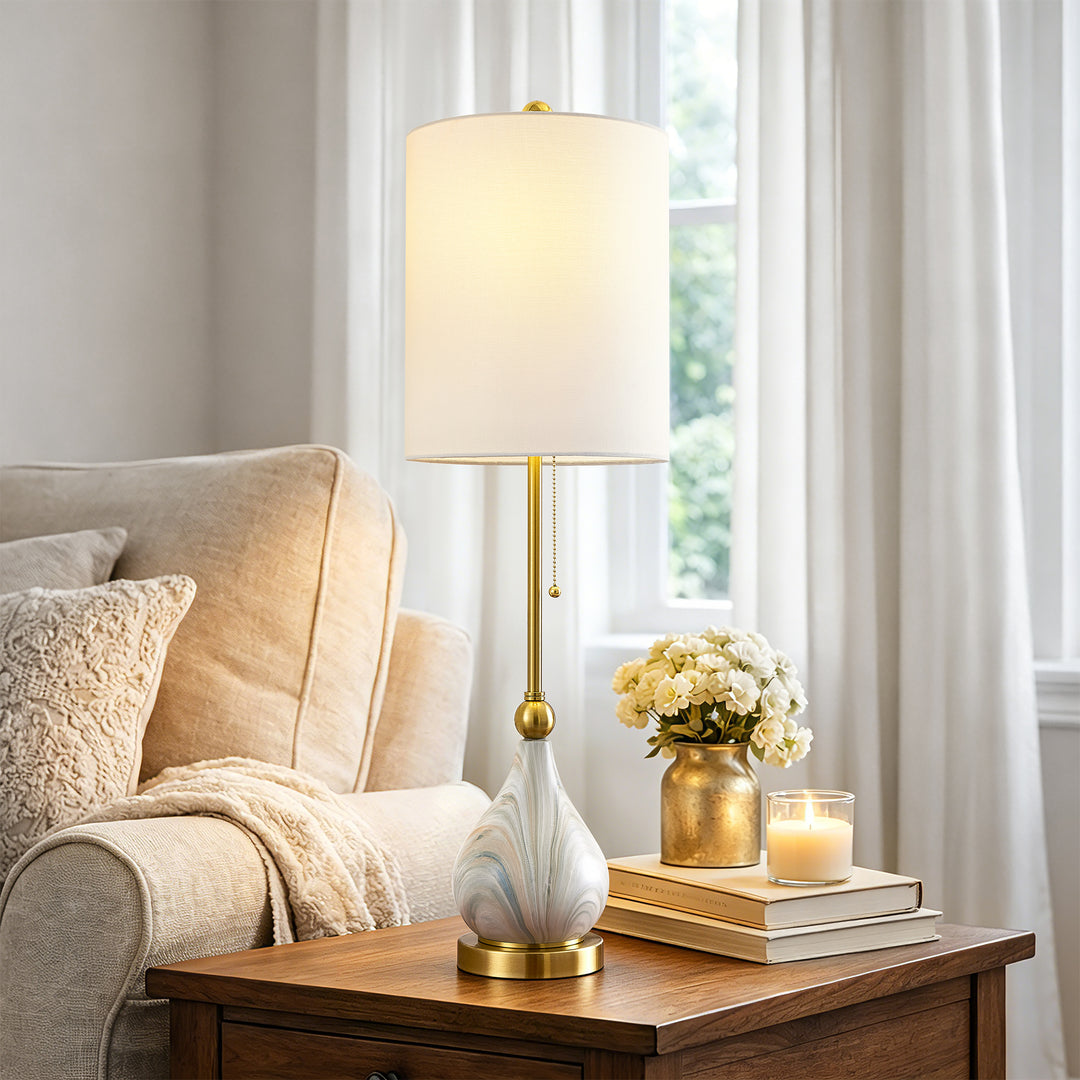 33" Modern Glam Ceramic Table Lamp With Pre-assembled Shade And Pull Chain For Bedroom Living Room #T293