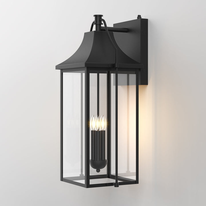 Lawyettle 25" Large Outdoor Wall Lantern, Dusk to Dawn Black 3-Light Sconce with Glass for Front Door, Garage, Porch #7040