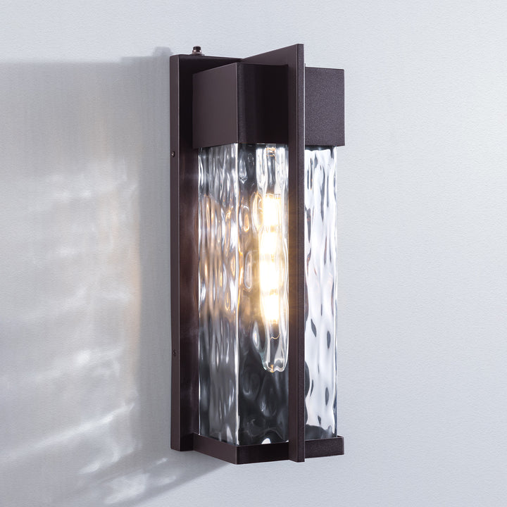 Natura 1 - Light(Bulb Include) 𝟭𝟴-𝗜𝗡𝗖𝗛 Matte Black Iron and Water Ripple Glass Outdoor Wall Light with Dusk to Dawn #7062