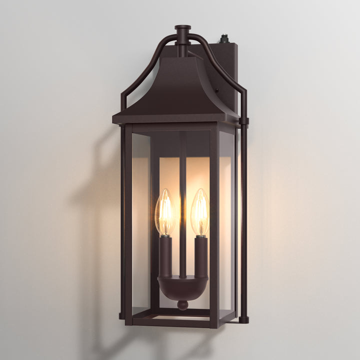 Lawyettle 18" Outdoor Wall Lantern with Dusk to Dawn Sensor, 2-Light Waterproof Brown Wall Sconce with Glass for Porch, Garage, Front Door, Patio #7040
