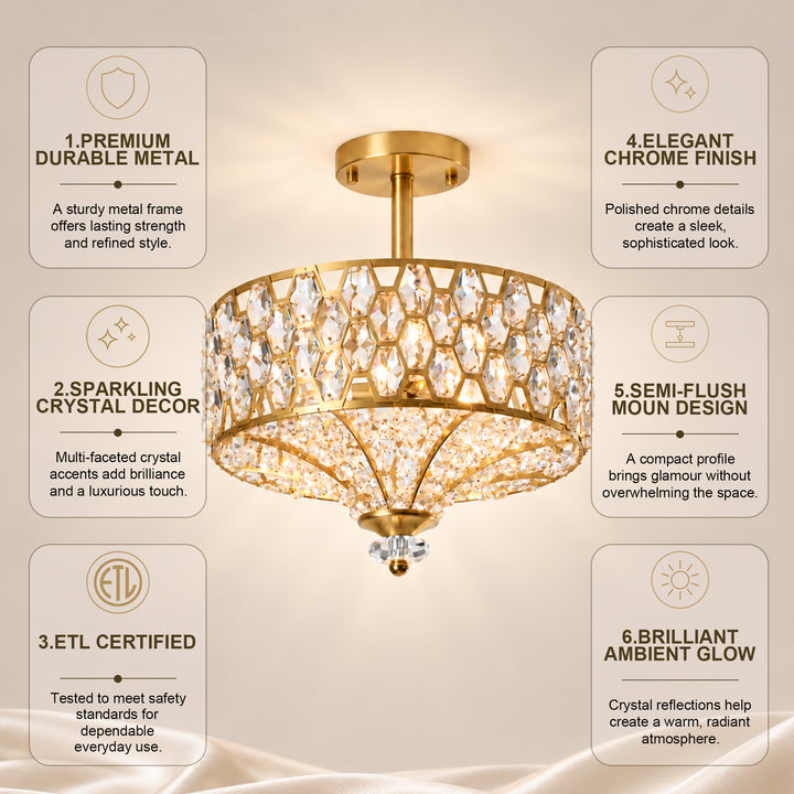 14" 3-Light Polished Brass Drum Semi-Flush Mount Ceiling Light with Crystal Accents for Living Room & Bedroom #19241
