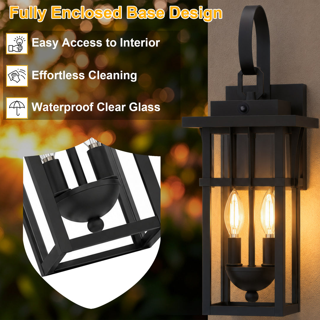 19.7" 2-Light Farmhouse Outdoor Wall Sconce with Dusk to Dawn Photocell, Weatherproof Matte Black Frame &amp; Clear Tempered Glass 