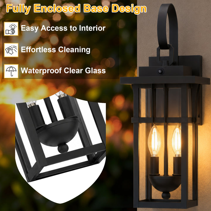 19.7" 2-Light Farmhouse Outdoor Wall Sconce with Dusk to Dawn Photocell, Weatherproof Matte Black Frame &amp; Clear Tempered Glass 